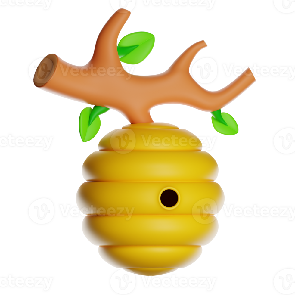 Cartoon beehive hanging on a tree branch with green leaves on transparent background png