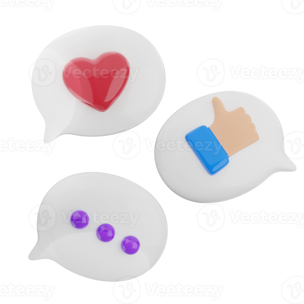 Social media reaction 3d render illustration. comment, likes, love icon. png