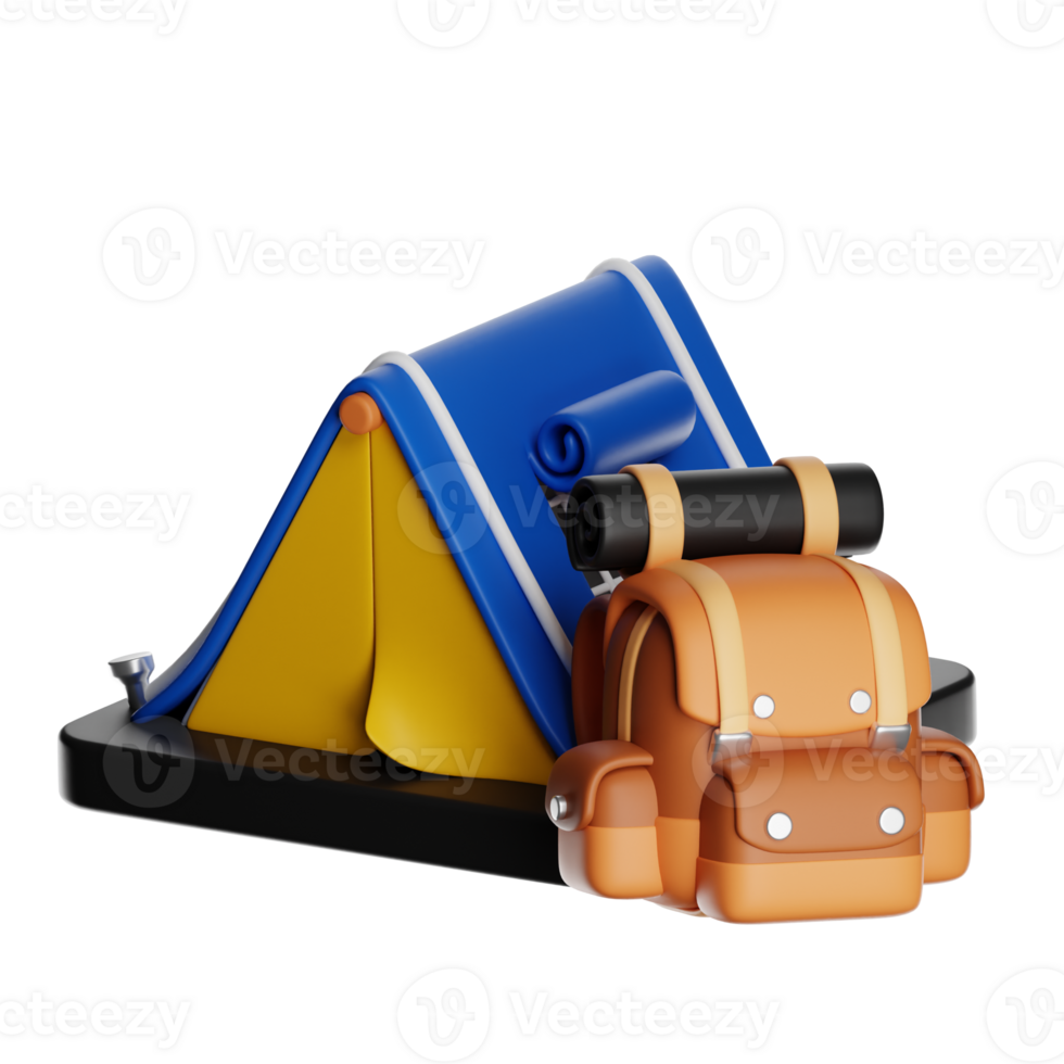 Camping tent and backpack on transparent background, 3d icon for outdoor adventures png