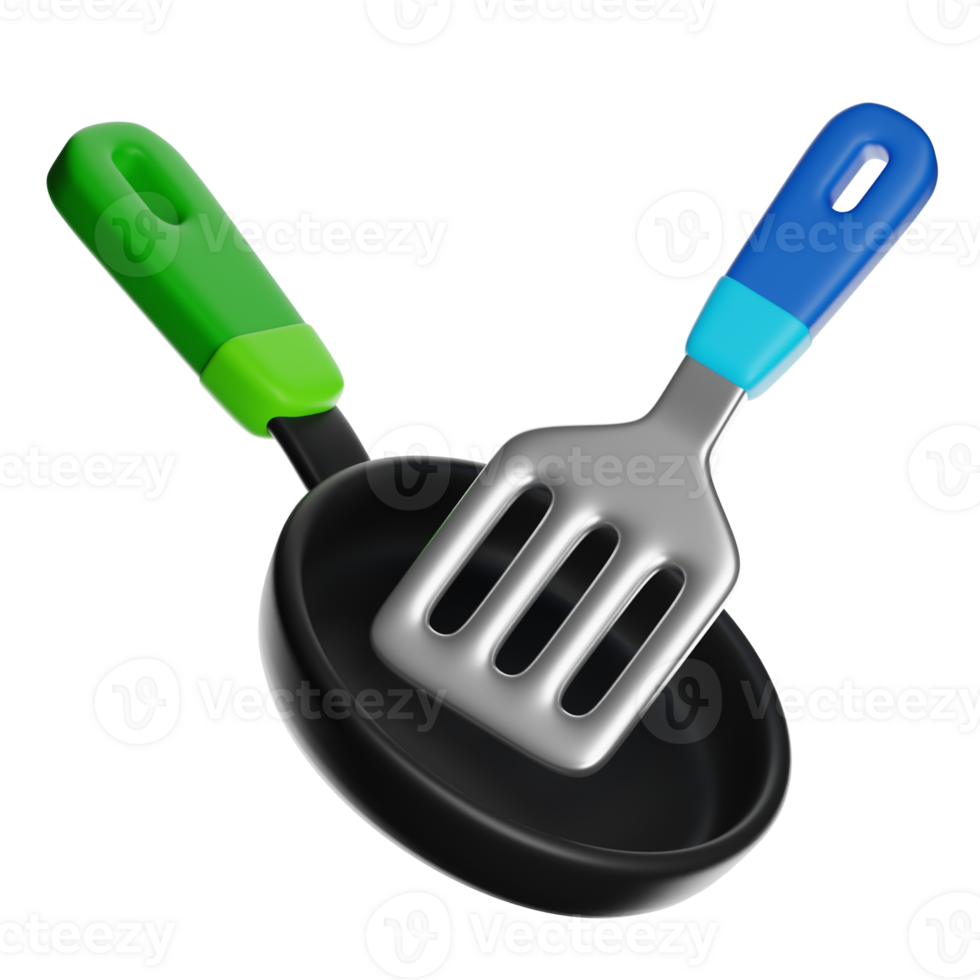 Frying pan and spatula on transparent background, 3d rendering png