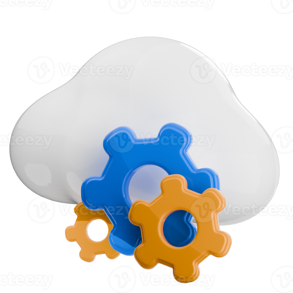 White cloud with blue and yellow gear icons, cloud computing settings illustration. 3d render isolated object. png