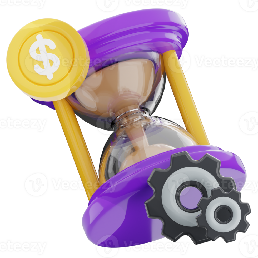 Time management 3d illustration. business work hour icon. hourglass, gear, dollar. png