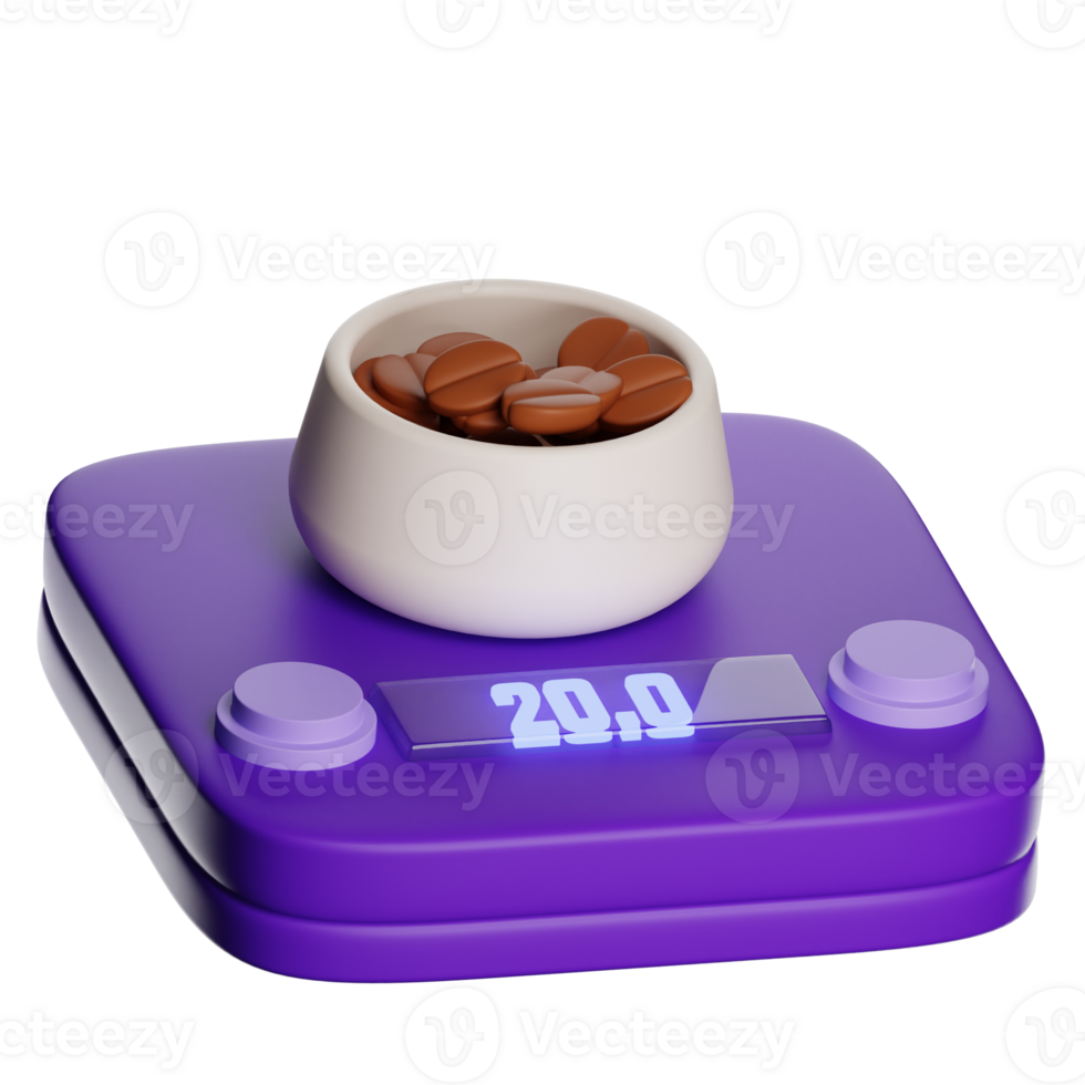 Coffee beans being weighed on purple digital kitchen scale with transparent background png