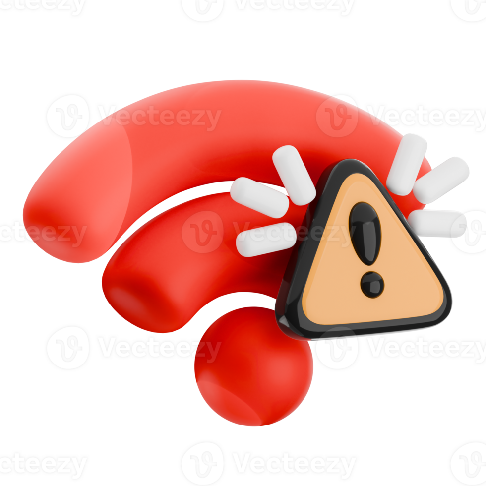 3D illustration of a wifi signal with a warning sign, connection error isolated. 3d render disconnected icon. png