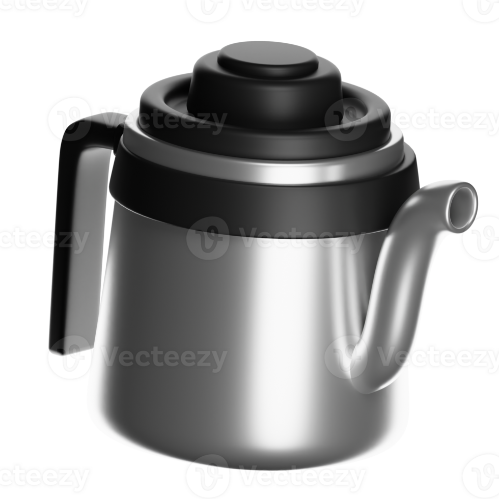 Metallic coffee pot with black lid and handle on transparent background png