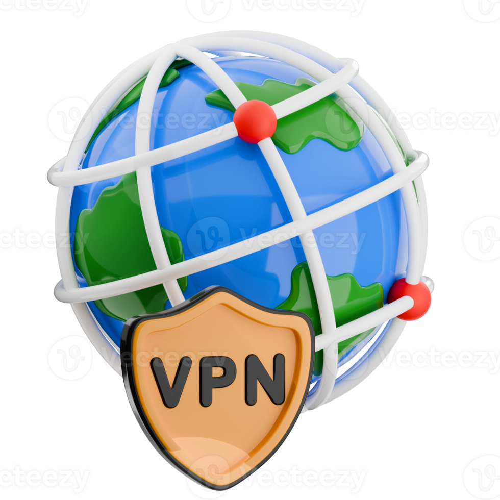 3D illustration of a globe with a VPN shield, internet security icon isolated. png