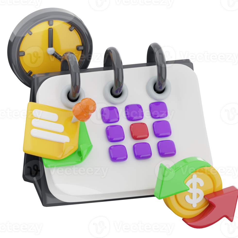 Subscription payment 3d render illustration. calendar, clock, chat, reminder, dollar icon. png
