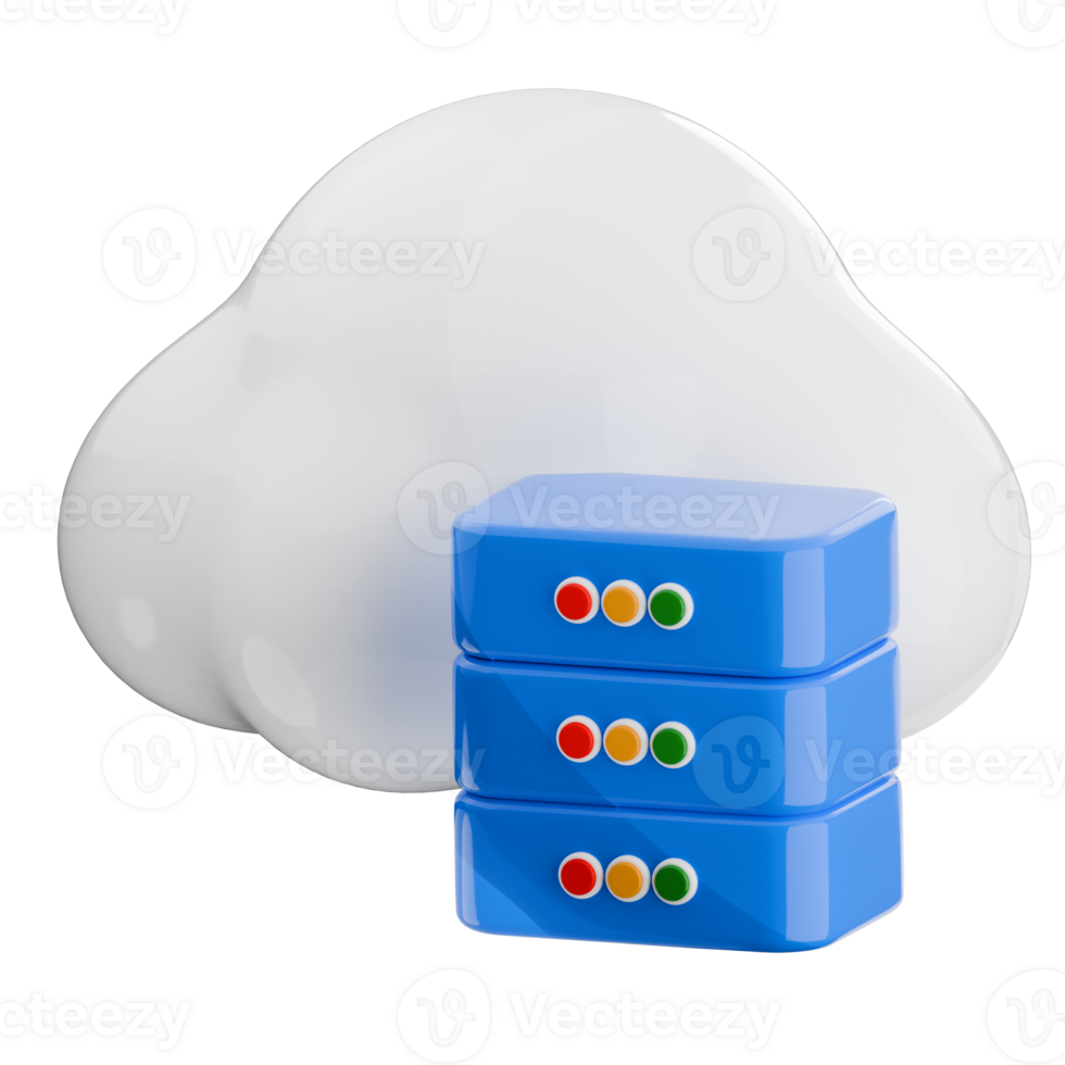 White cloud with a blue server rack. 3d render cloud storage illustration. png