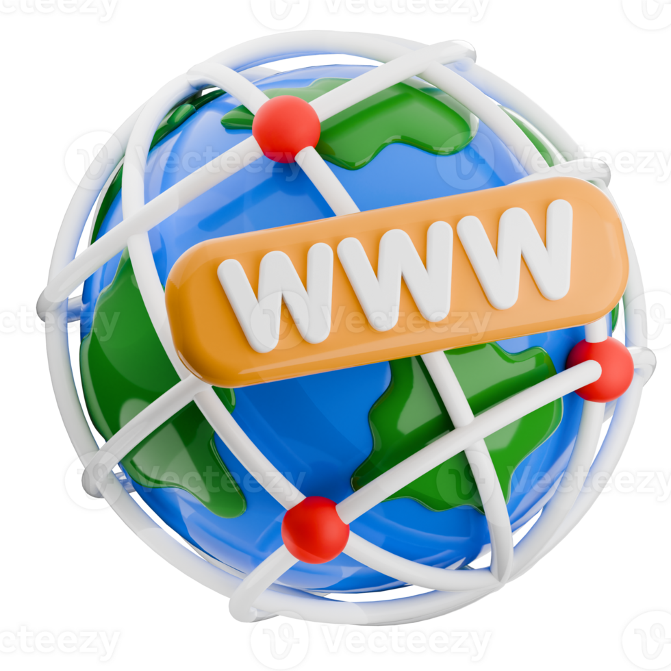 World Wide Web symbol on a globe, connected by lines, isolated. 3d render internet icon illustration. png
