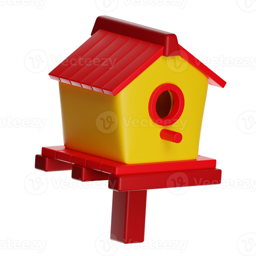 Colorful 3d birdhouse standing on a pole with transparent background png
