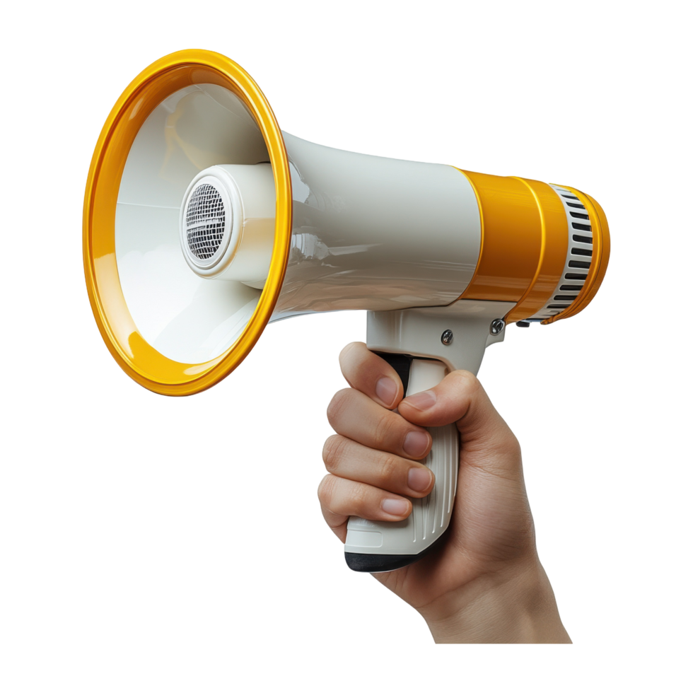 Hand Holding Megaphone Isolated on Transparent Background, Yellow White Bullhorn png