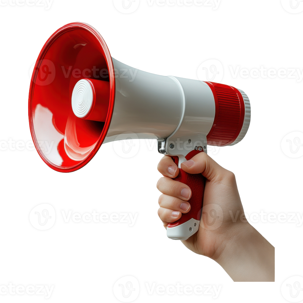 Hand Holds Red and White Megaphone Loudspeaker png