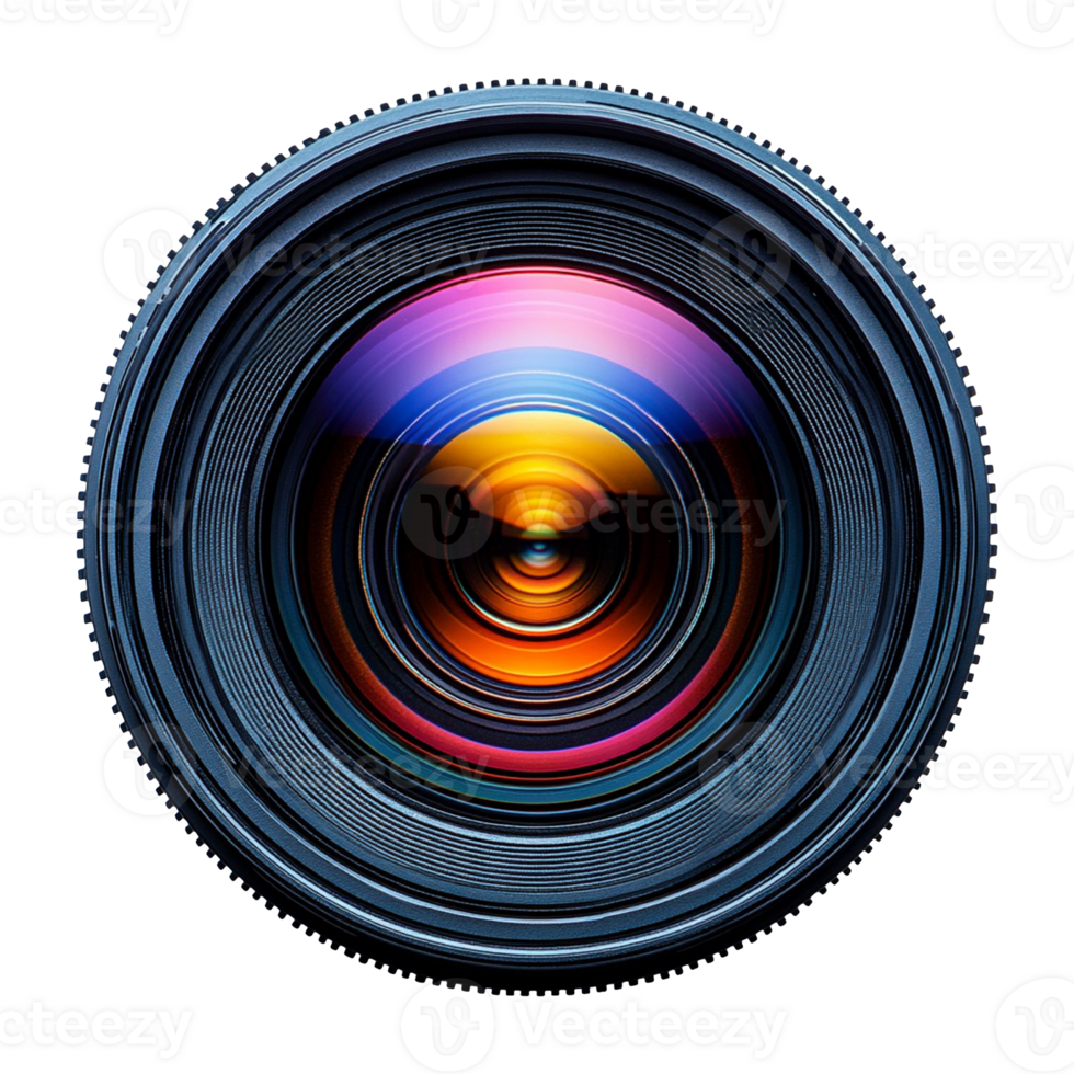 Camera Lens Close Up View of Optical Elements with Colorful Reflections png