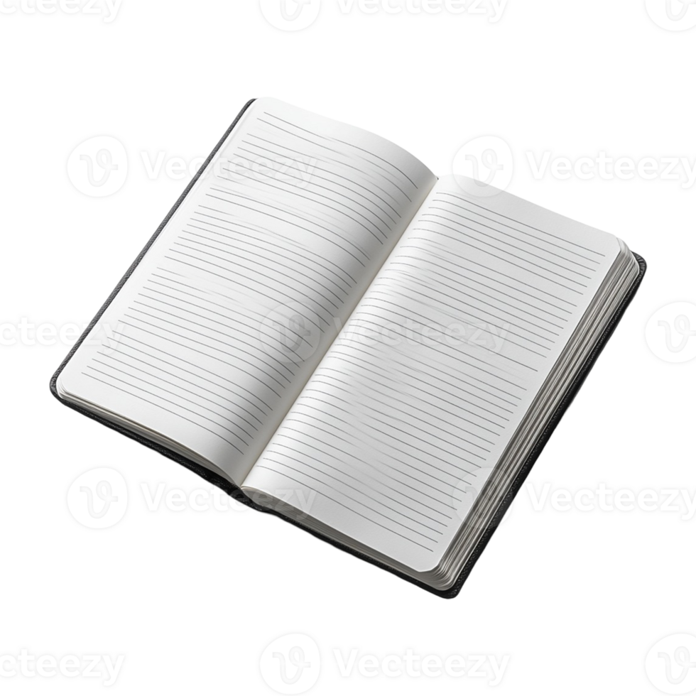 Open Notebook with Lined Pages and Black Cover on a Transparent Background png
