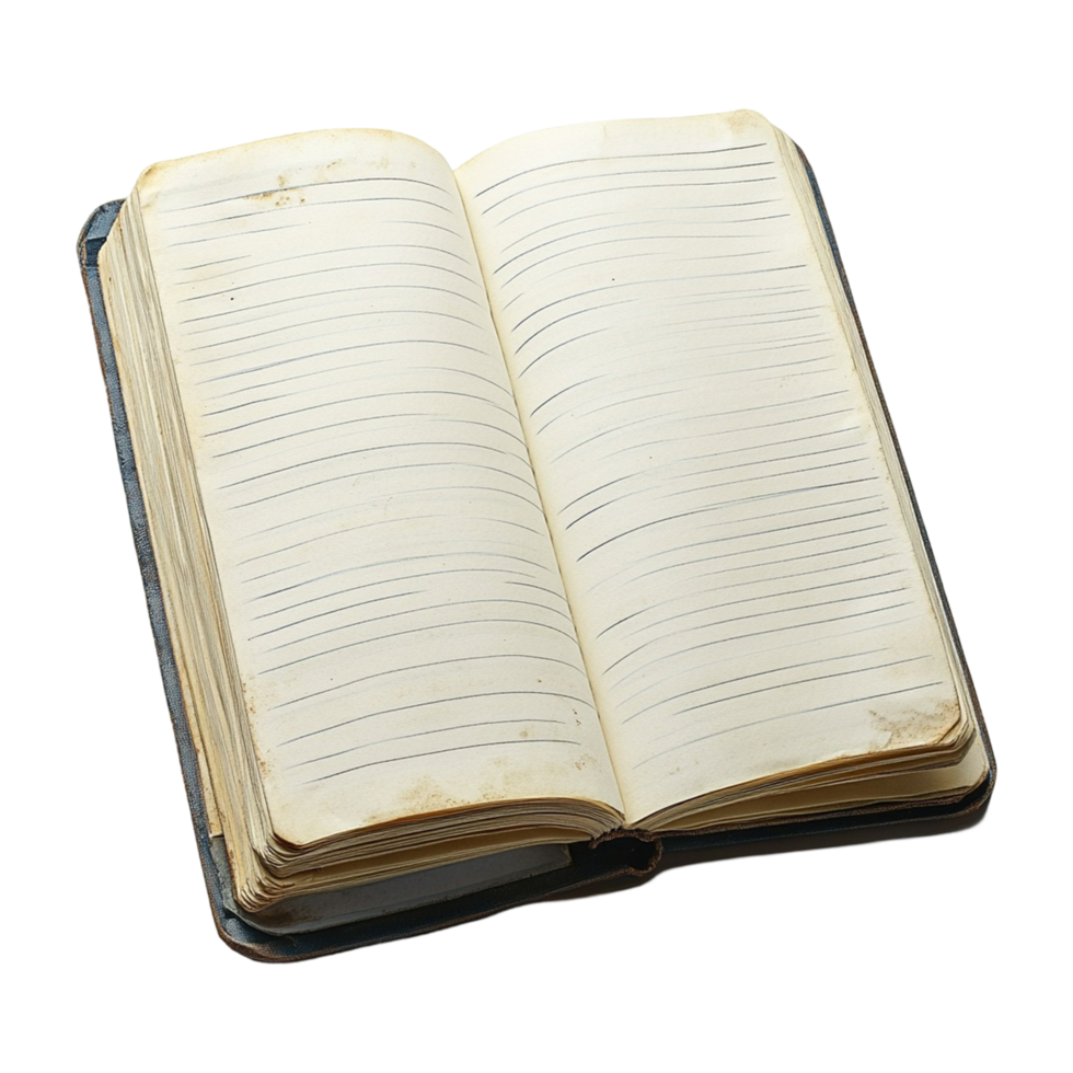 Open Old Book with Lined Pages Textured Cover on Transparent Background Closeup png