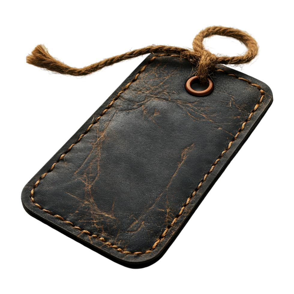 Rustic Stitched Leather Tag with Jute Twine on Transparent Background, Vintage Style png