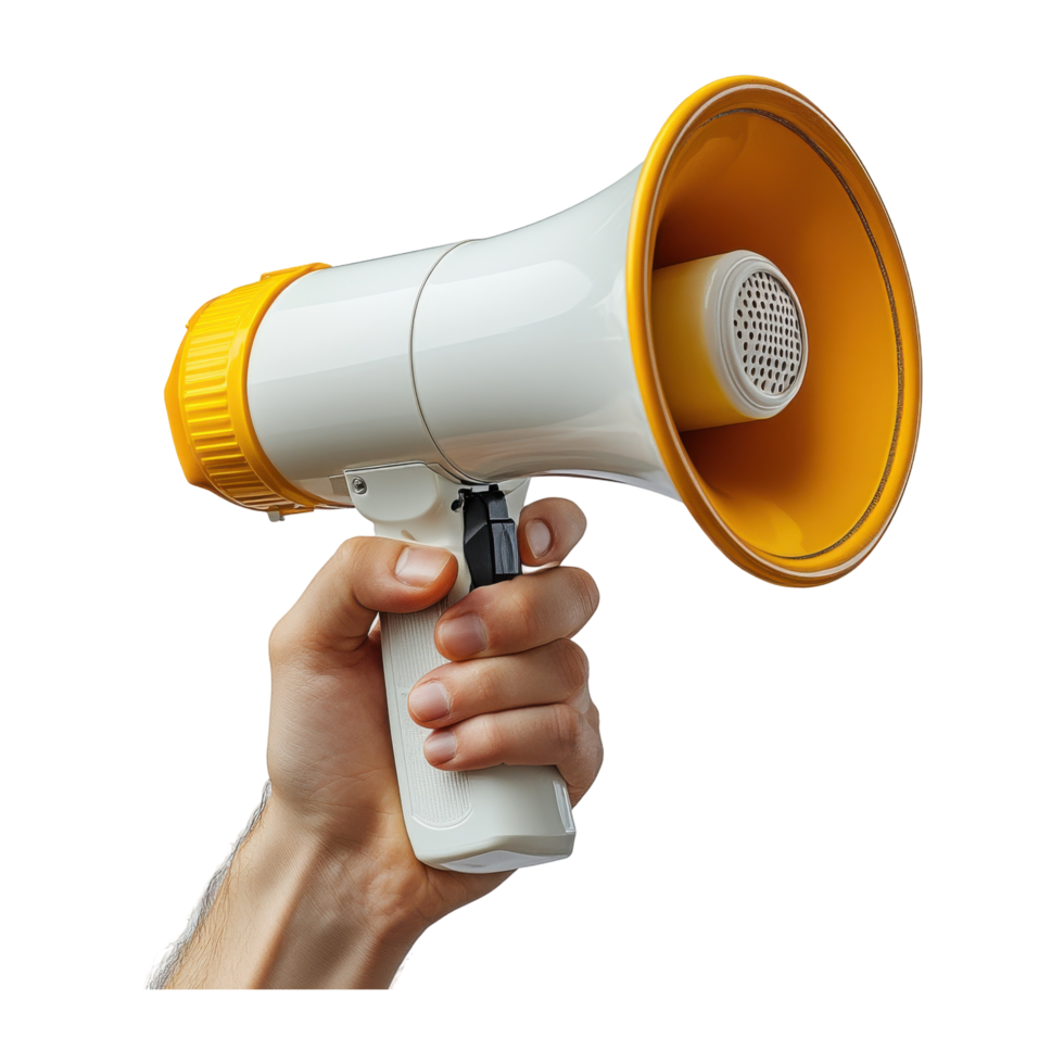 Hand Holding a White and Yellow Megaphone on Transparent Background Isolated png