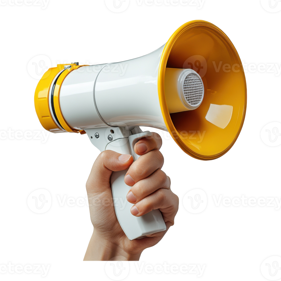 Hand Holds White and Yellow Megaphone on Transparent Background for Clear Communication png