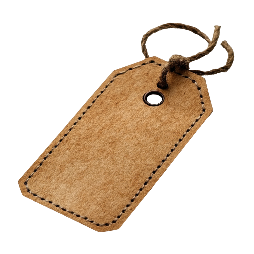 Brown Paper Tag with Rustic String and Stitched Edge on Transparent Background png