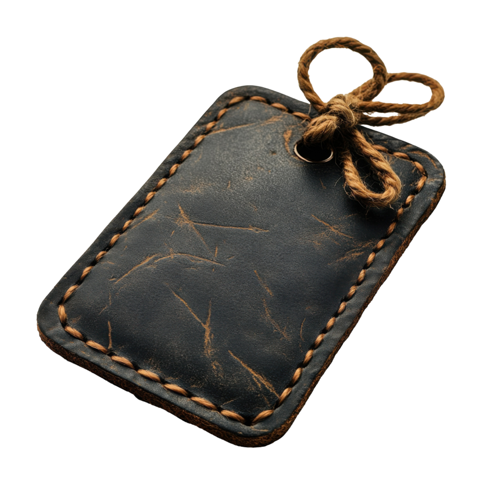 Closeup Dark Blue Leather Tag with Stitching and Burlap String Knot, Transparent png