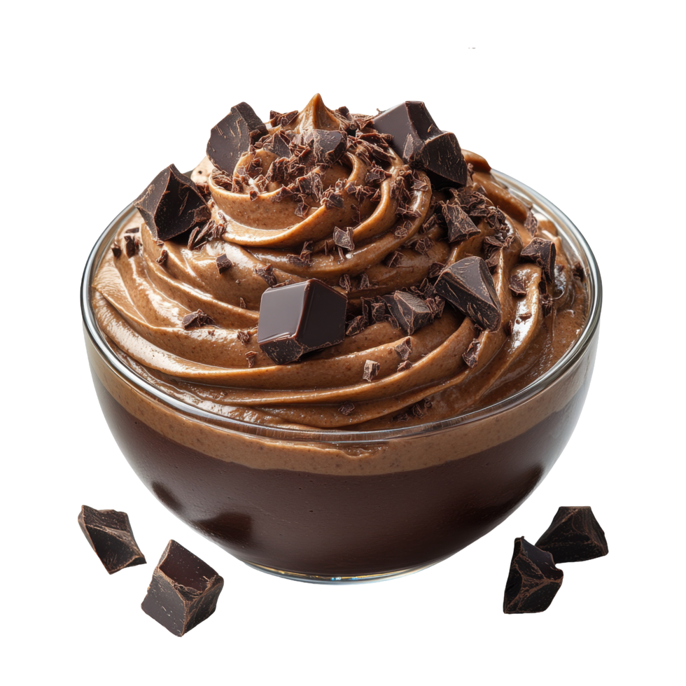 Chocolate Pudding with Chunks in Glass Bowl on Transparent Background Tasty Dessert png