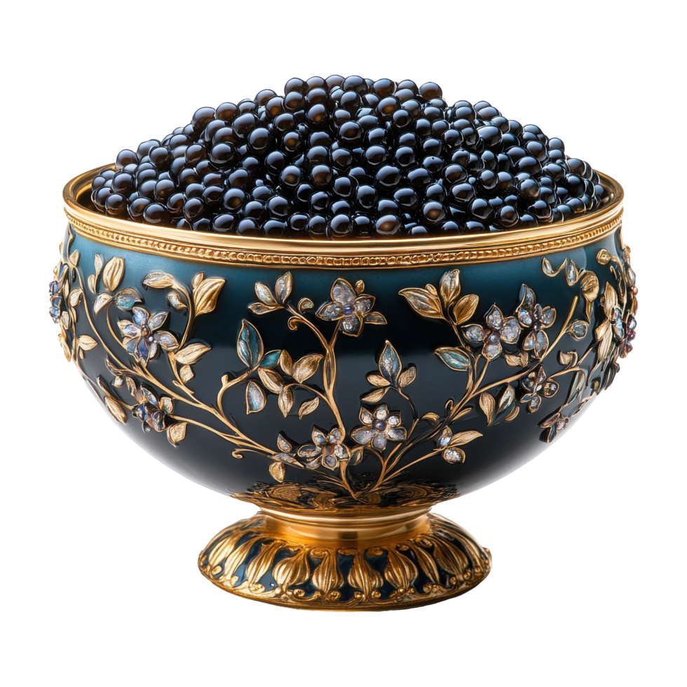 Closeup of Black Caviar in Golden Embossed Bowl Against Transparent Background png