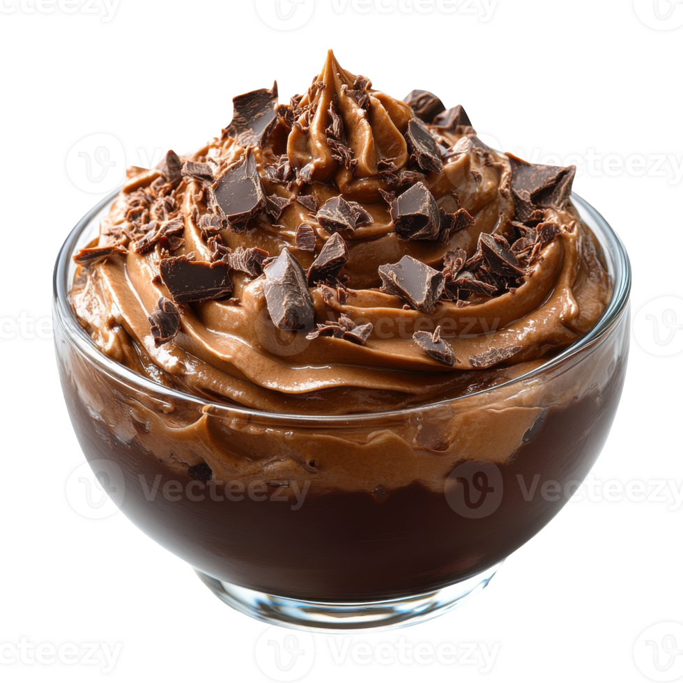 Decadent chocolate mousse in glass bowl with rich swirls and chocolate chunks, transparent png