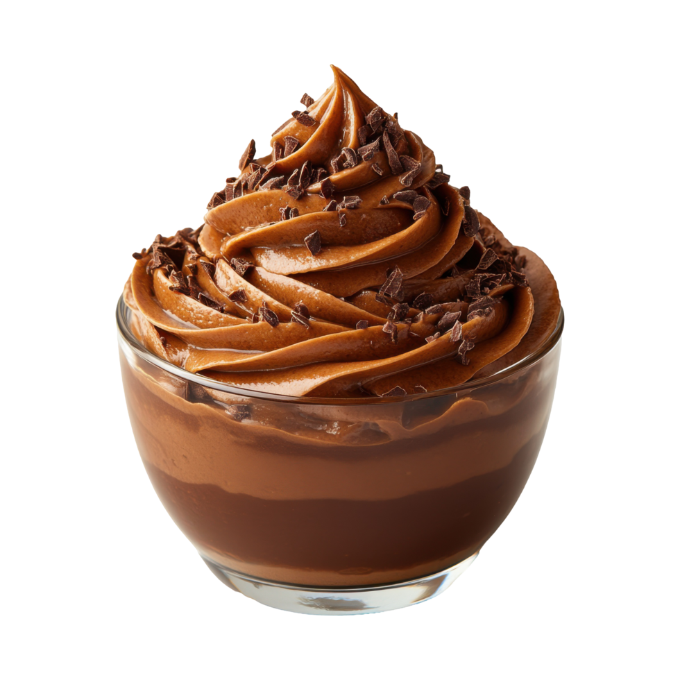 Dessert Glass with Swirled Chocolate Mousse and Chocolate Shavings on Transparent BG png