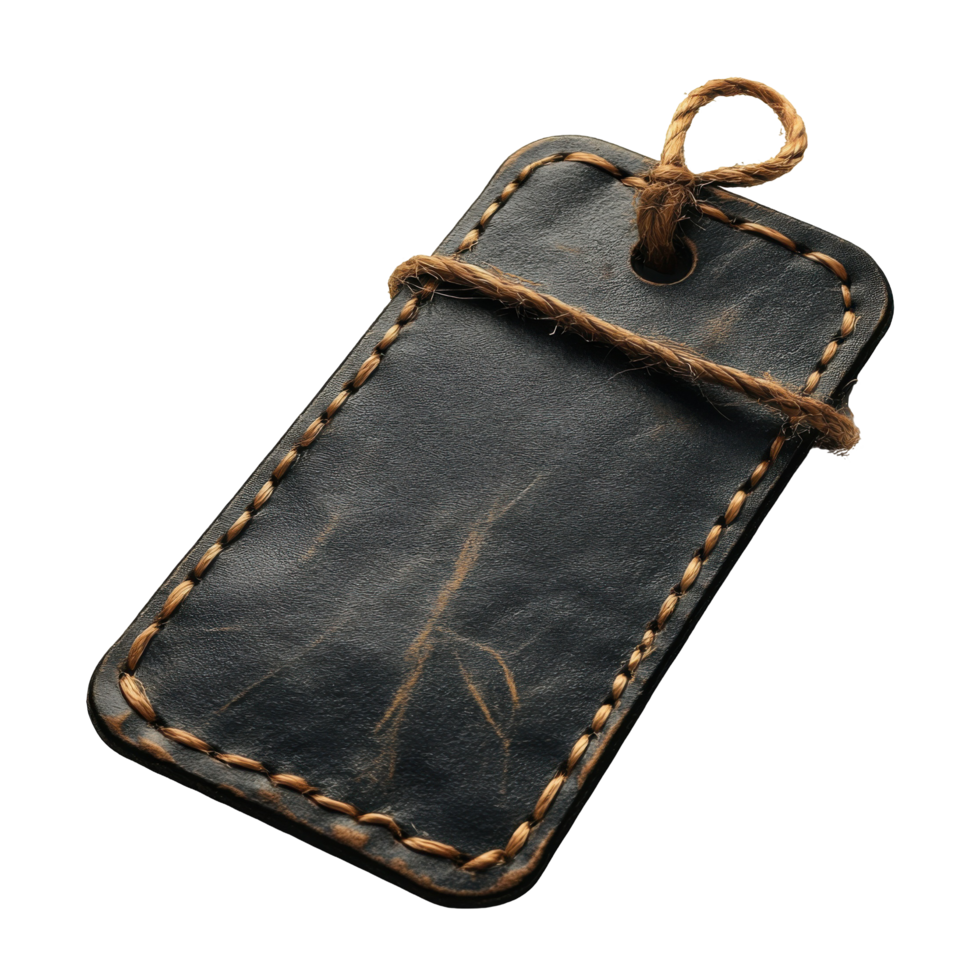 Distressed Leather Tag with Jute String, Rustic Texture on Transparent Background png