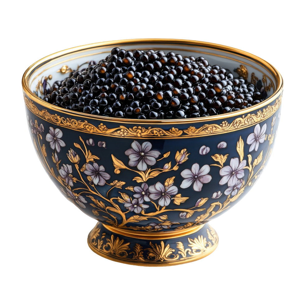 Elegant Floral Bowl Filled with Shiny Black Caviar on Transparent Background png
