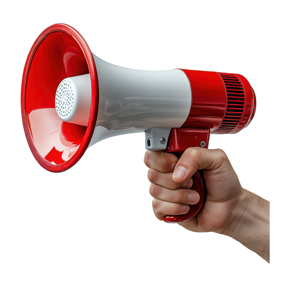 Hand Holding Red and White Megaphone Against a Transparent Background Studio Shot png