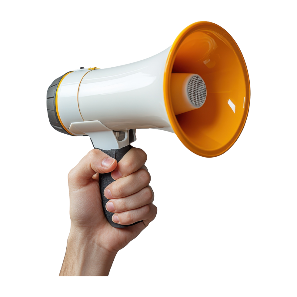Hand Holding White and Orange Megaphone with Transparent Background png