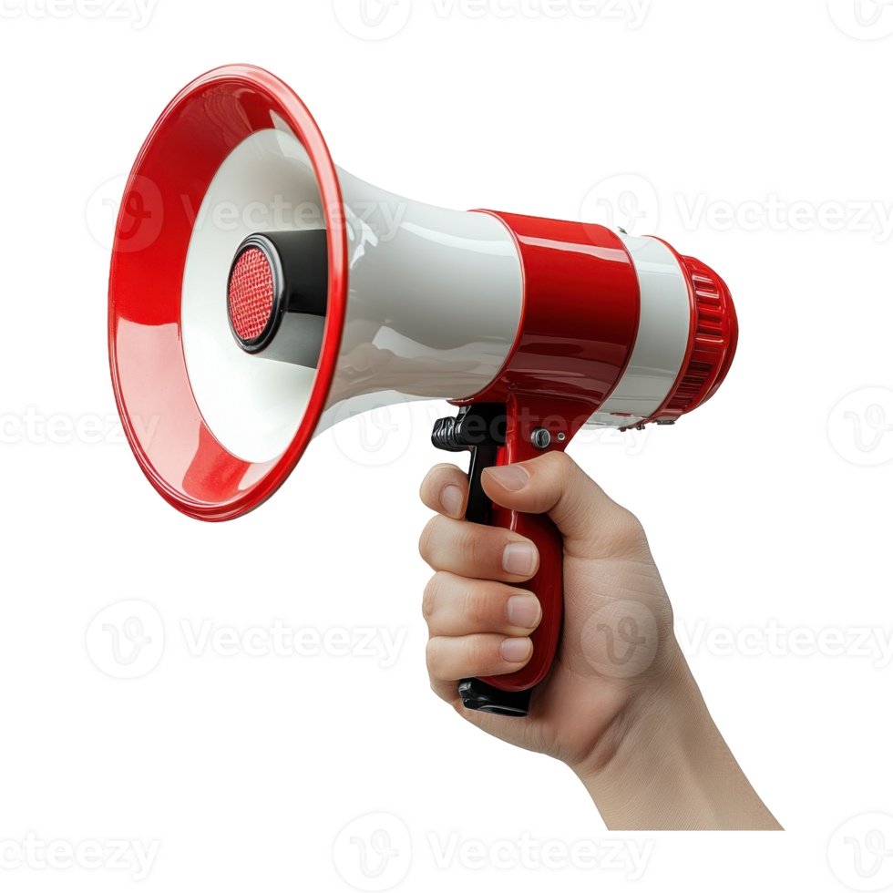Hand Holding Red and White Megaphone on Transparent Background Closeup View png