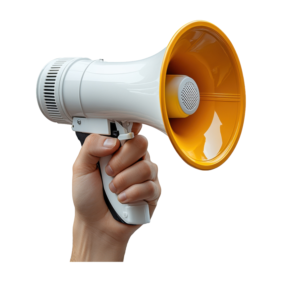 Hand Holding White and Gold Megaphone with Transparent Background Design png