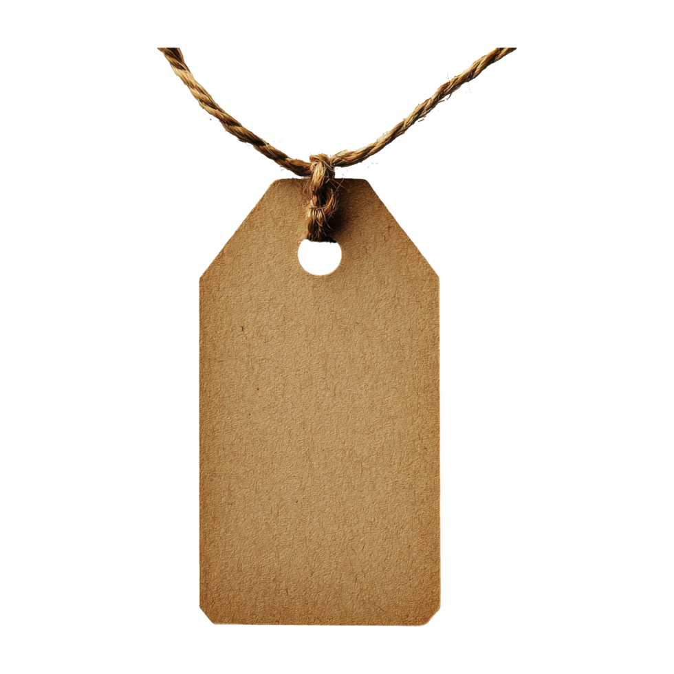 Hanging Brown Paper Tag with Jute Rope on Transparent Background, Closeup Detail png