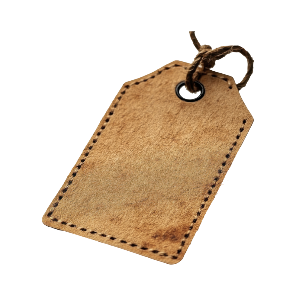 Leather Tag with Stitches and Twine on Transparent Background, Craft Style png