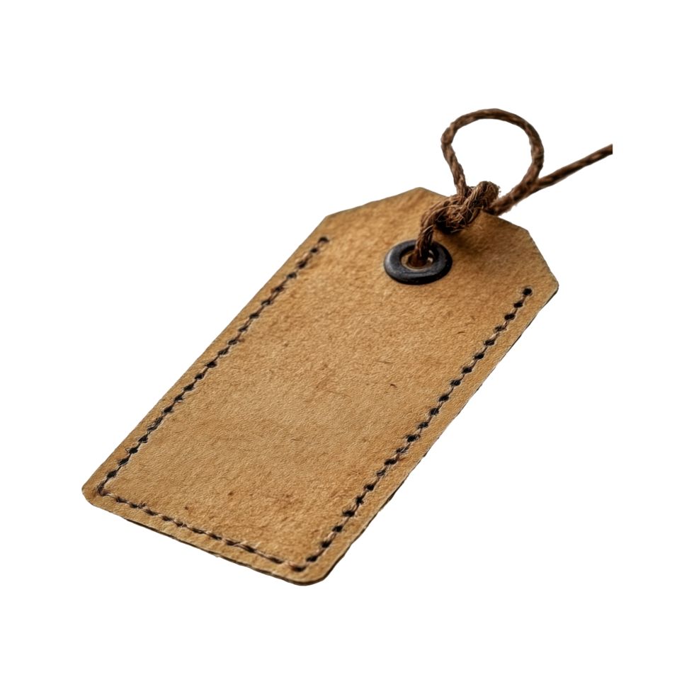 Isolated Rectangular Leather Tag with Brown String on Transparent Background png