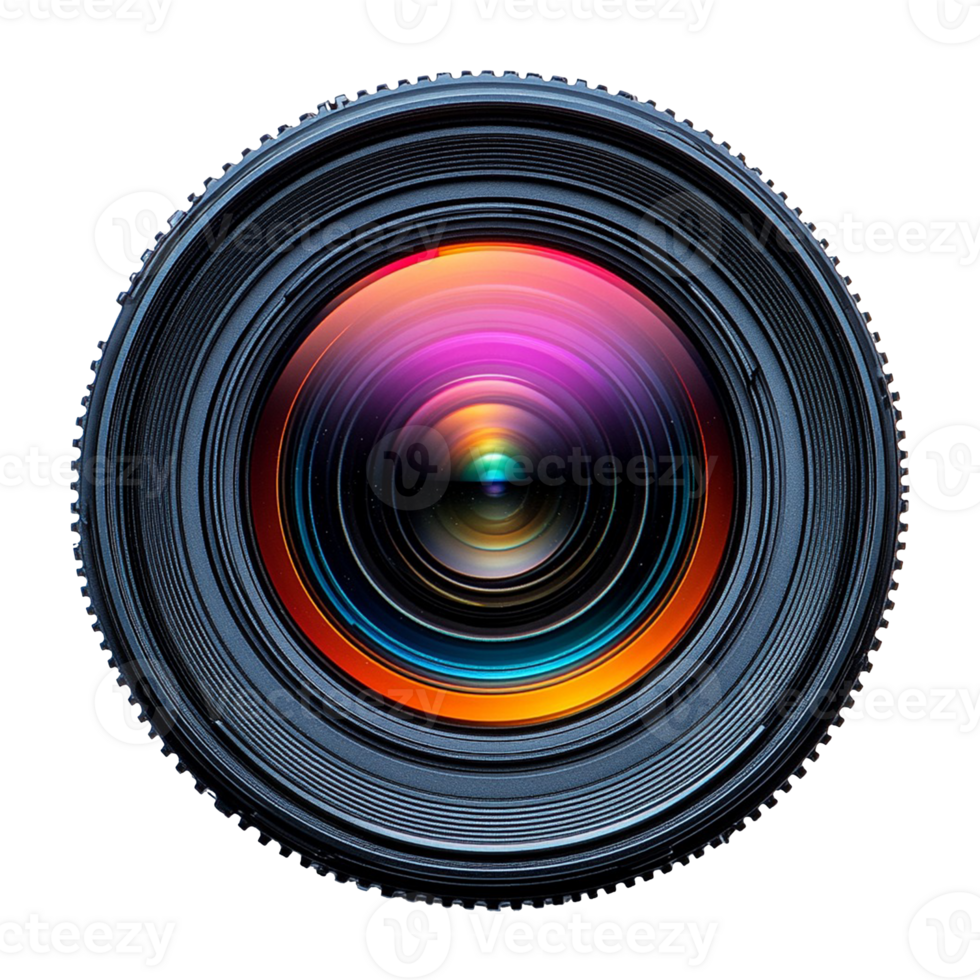 Macro Shot of Camera Lens with Colorful Reflection on Transparent Background png