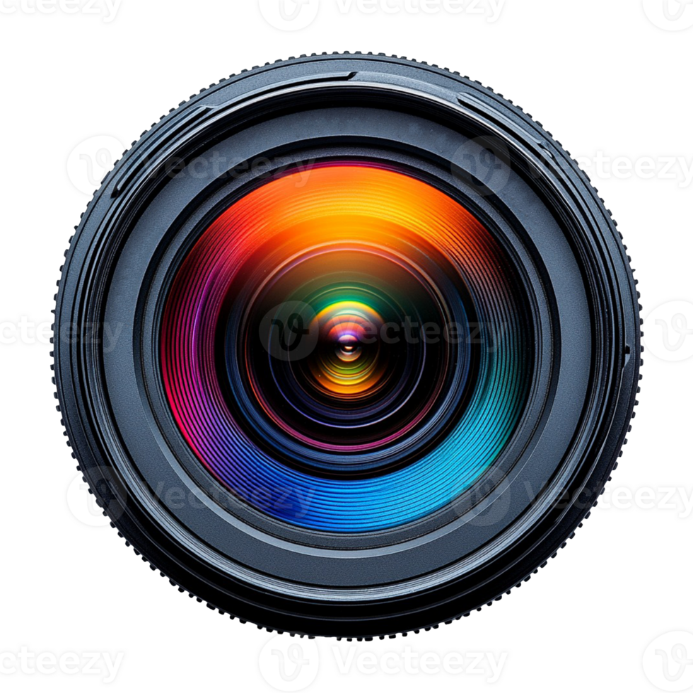 Macro View of a Camera Lens Showing Colorful Reflections on a Transparent Background png