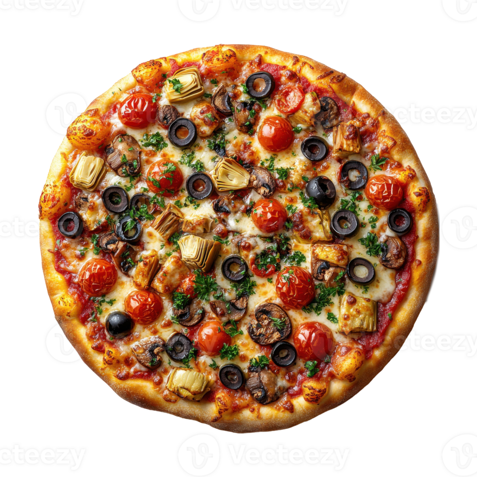 Delicious Round Pizza with Cherry Tomatoes, Artichokes, Mushrooms on Transparent Background png