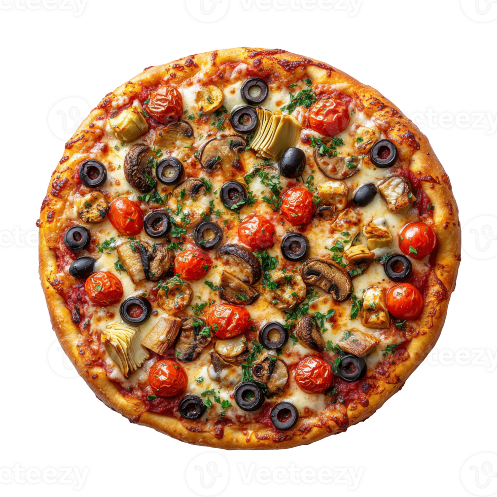 Delicious Pizza with Fresh Tomatoes, Mushrooms, Olives and Artichokes on Transparent Background png