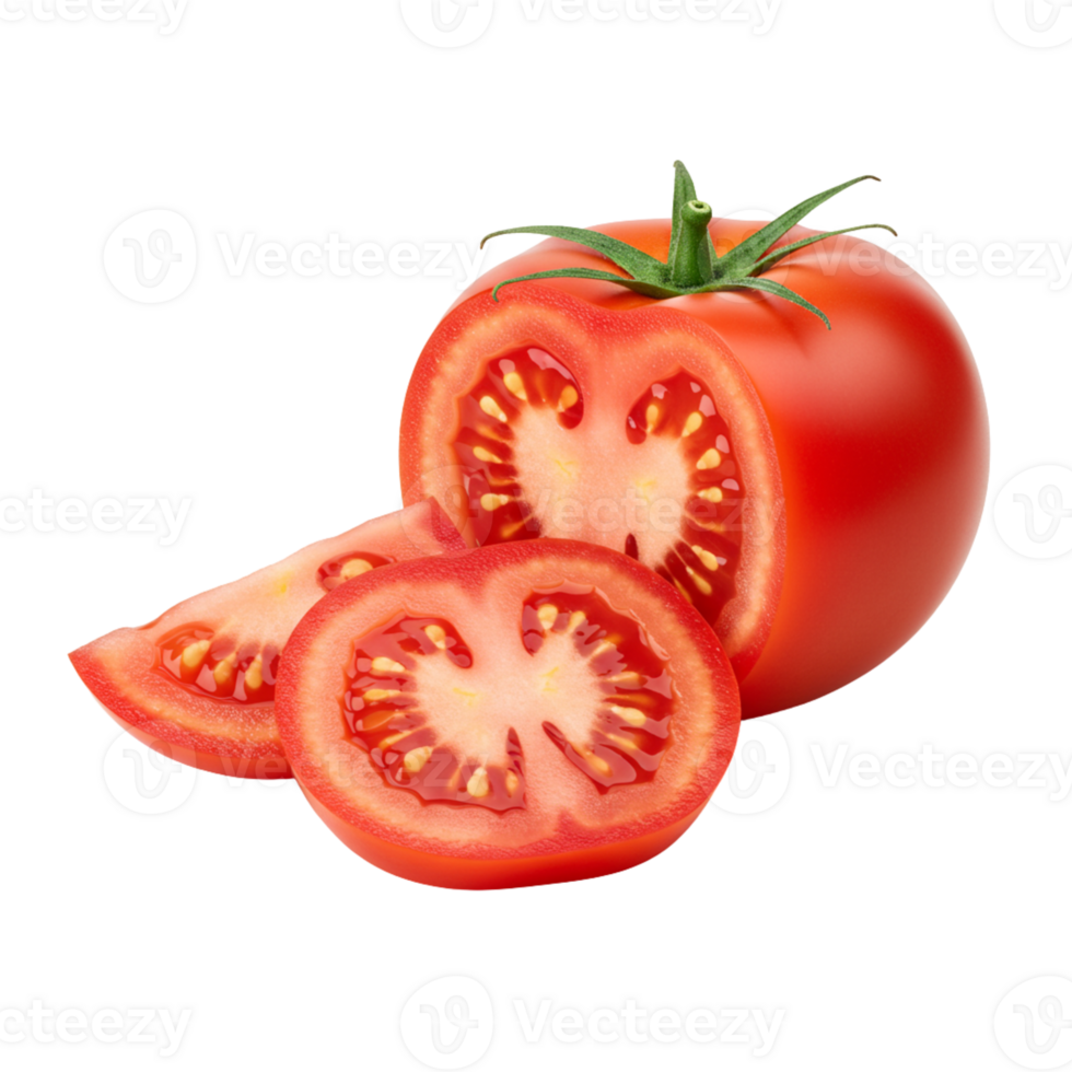 A vibrant close up shows a fresh, juicy red tomato and slices on a transparent background, perfect for culinary designs. png