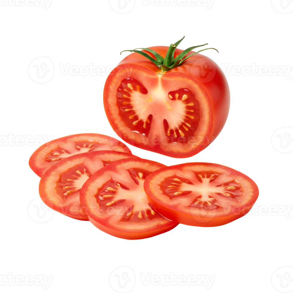 Fresh cut tomatoes showcase vibrant red color, juicy texture, and culinary appeal against a simple transparent background. png