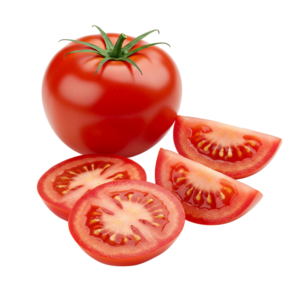 Vibrant red tomatoes are artfully arranged, showcasing whole and sliced tomato halves against a dark, transparent background for versatile usage. png