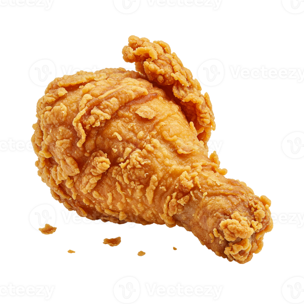 A delectable crispy fried chicken drumstick shines against a dark backdrop, tempting viewers with its golden, crunchy coating and savory appeal, transparent background png