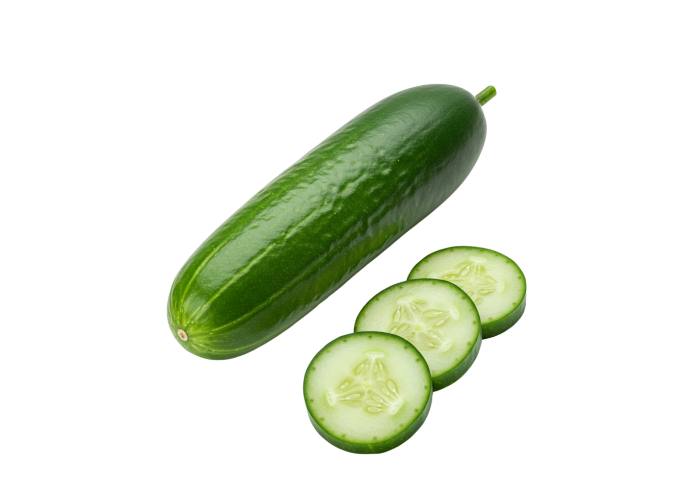 Fresh green cucumber with sliced pieces is displayed against a black backdrop offering a crisp, clean presentation, transparent background png