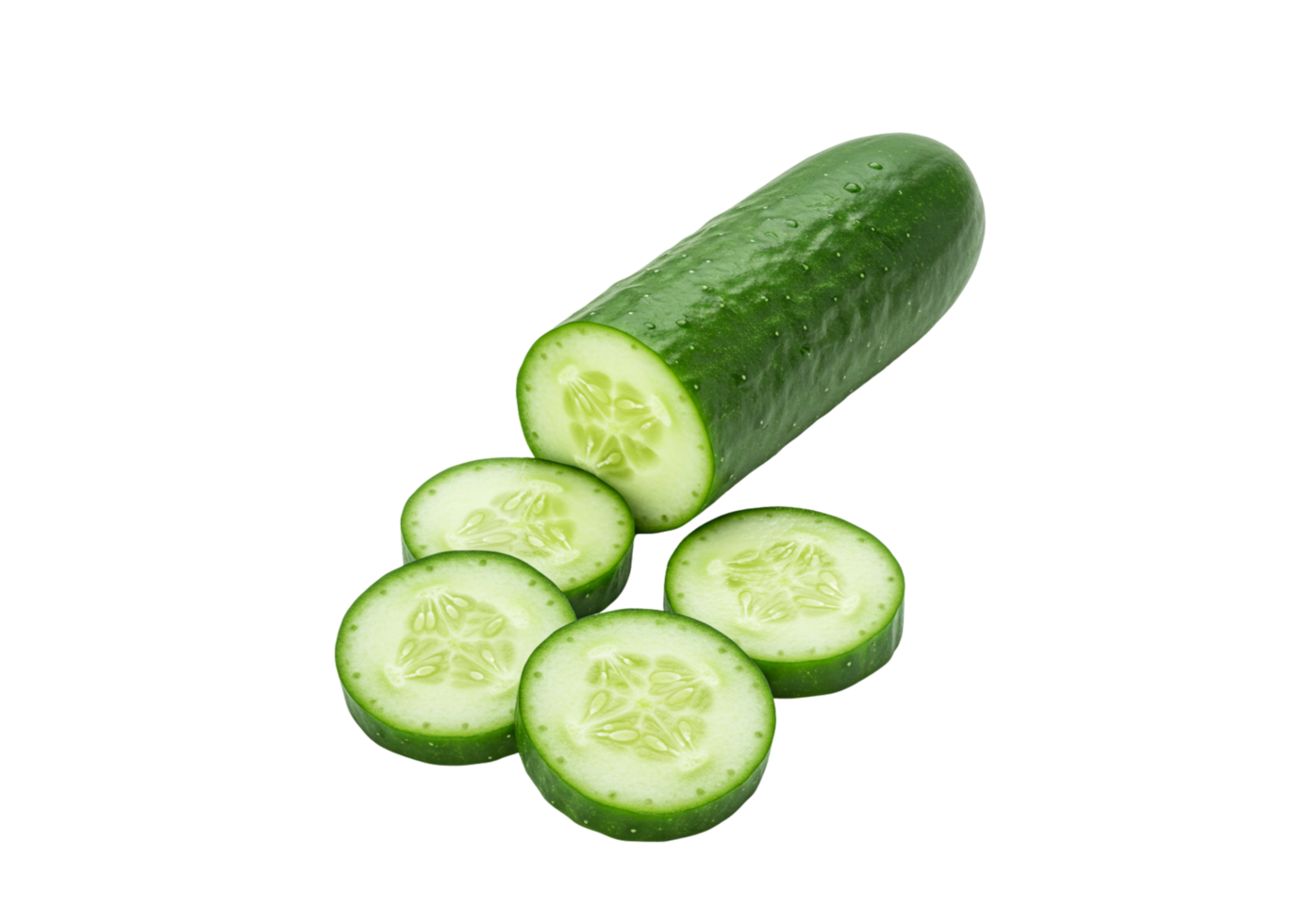 A crisp cucumber and several fresh slices are presented against a stark black backdrop, highlighting the vibrant green vegetable, transparent background png