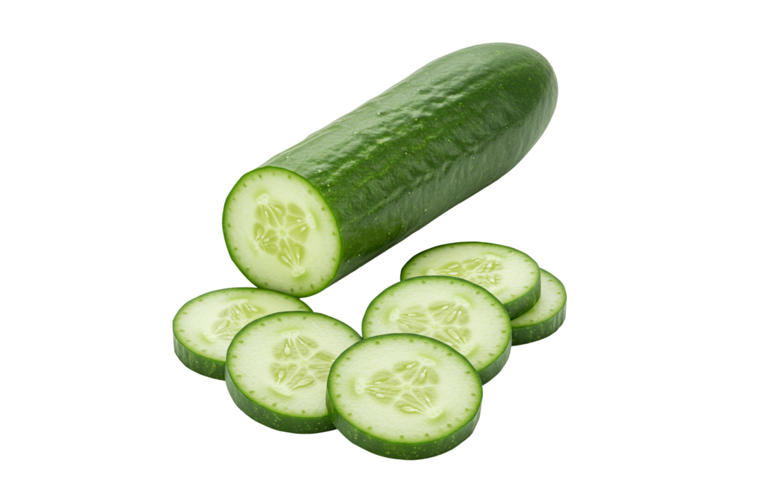 Fresh whole cucumber and sliced segments present a vibrant green and organic appeal on a clean black backdrop, transparent background png