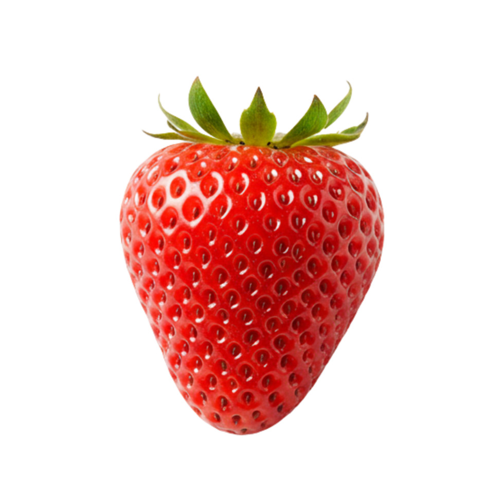 A luscious, bright red strawberry shines against a transparent background, its vibrant color promising a burst of sweet, juicy flavor. png