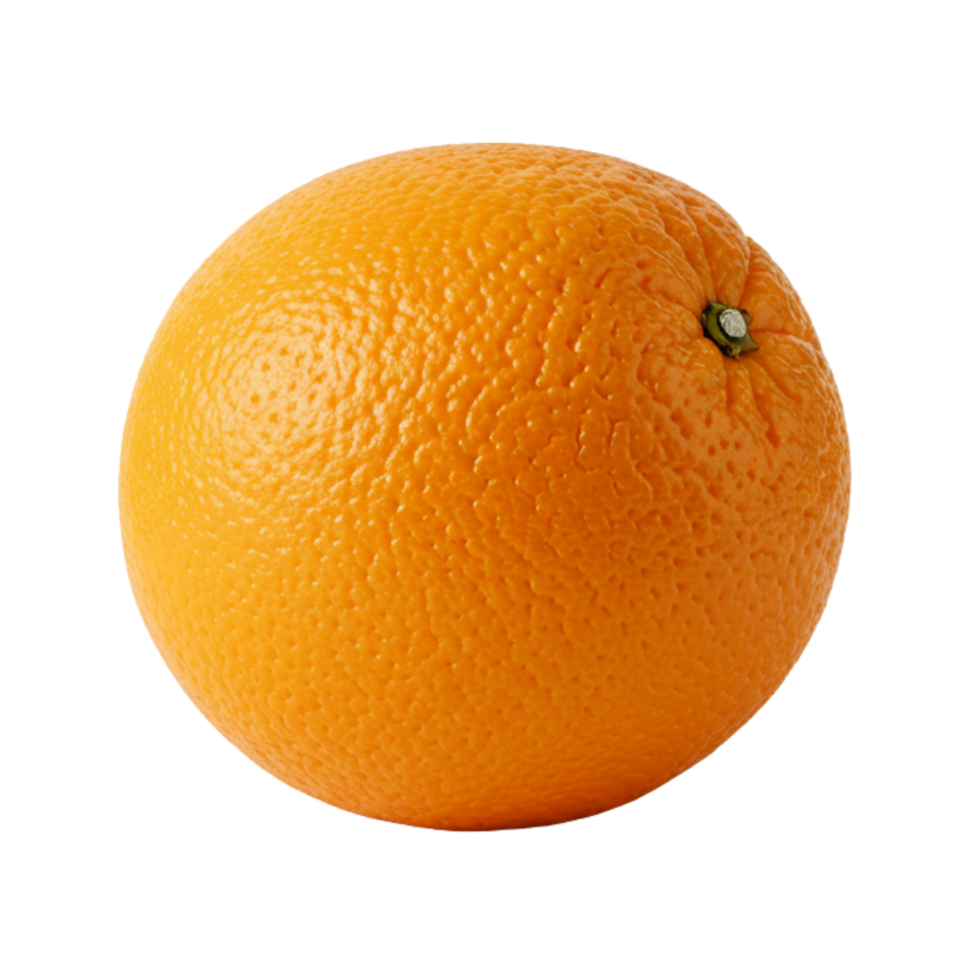 Vivid close-up of a single orange fruit against a transparent background, showcasing its textured peel and vibrant color. png